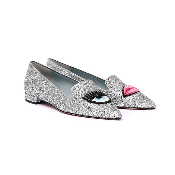 😉💋 Logomania Pointy Toe Glitter Loafers - Silver - Picture 2 of 7